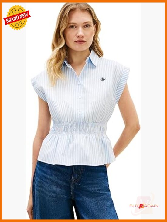 Tops - Sleeveless Cotton Button Down Shirt Smocked Waist Peplum Top